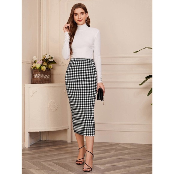 Gingham plaid Pencil midi Skirt black white - Picture 5 of 5